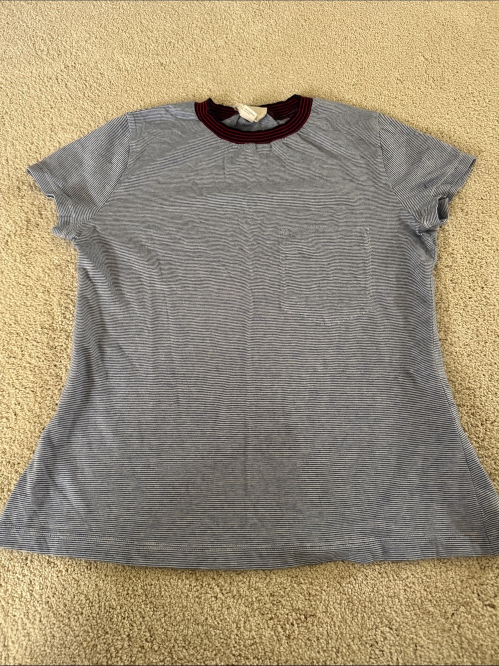 Band of outsiders Navy Micro-Stripe Short Sleeve Tee with Burgundy Ribbed Neck